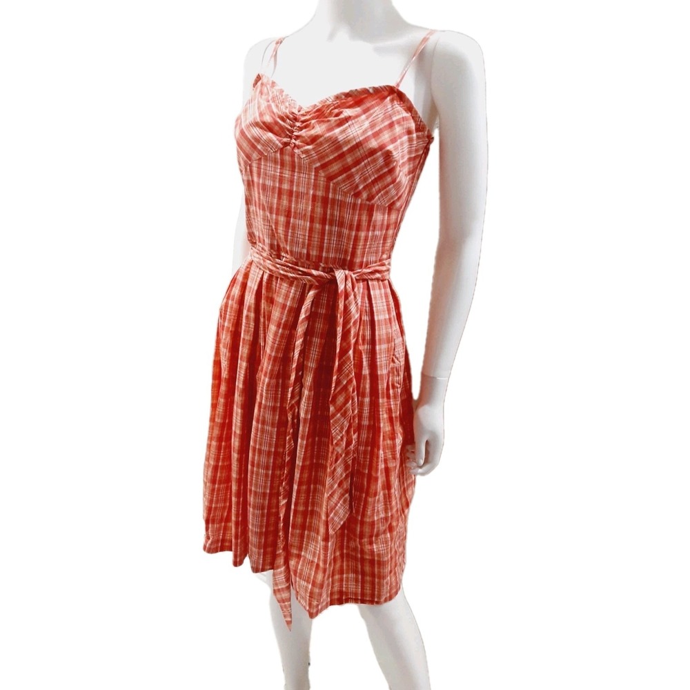 Dress Summer Cottage Chic Vintage Style Plaid Sz 6 Straps Orange Multicolor